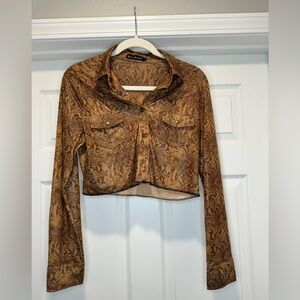 Cropped Snakeskin Print Long Sleeve Top